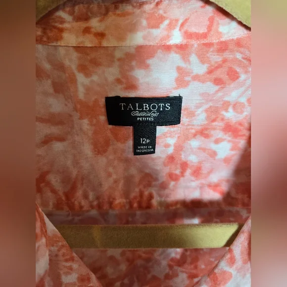 Talbot's CORAL and White Button-Up Blouse 12P - Picture 3 of 5
